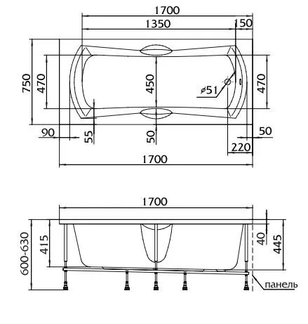 Ванна АГОРА/AGORA 1700х750 СМ/ПР