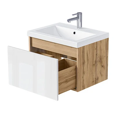 Тумба БЛОК МИНИ/Aris mini 60П (600х440х450) 1я дуб вотан/белый глянец раковина