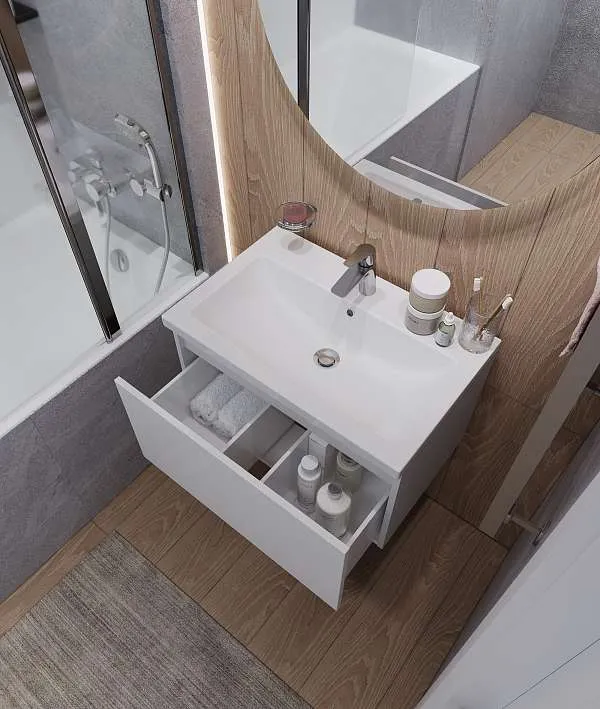 Тумба Aris mini 70П (700х440х450) 1я белая аляска/белый глянец раковина