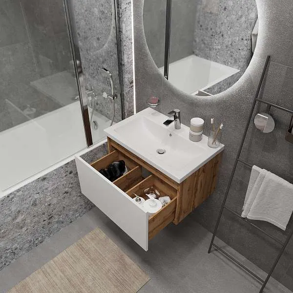 Тумба Aris mini 60П (600х440х450) 1я дуб вотан/белый глянец раковина