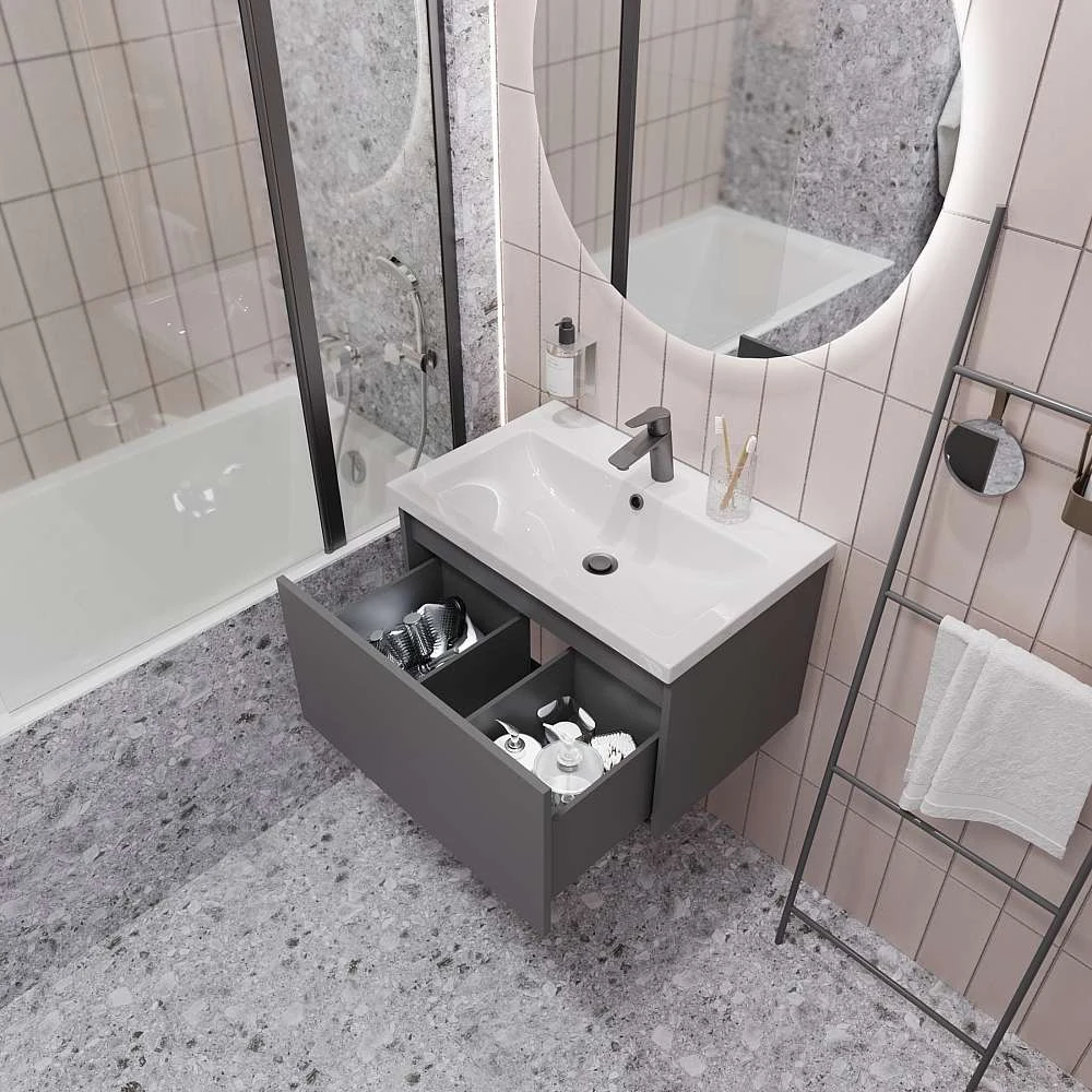 Тумба под раковину БЛОК МИНИ/Aris mini 60П (590х400х447) 1я антрацит/монолит дарк