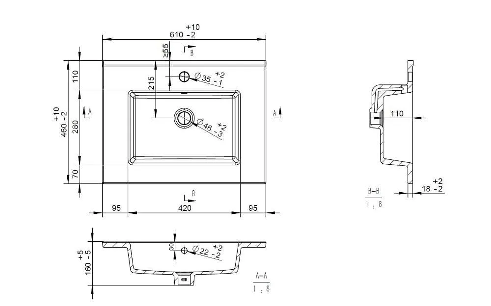 Раковина Квадро 61 (610х460х155) керамика мебельная